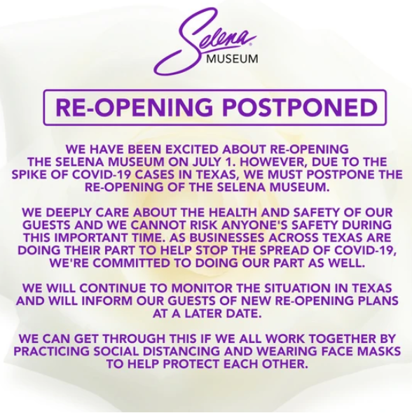 Selena Museum Re-Opening Postponed / Museo De Selena Reapertura Pospuesta
